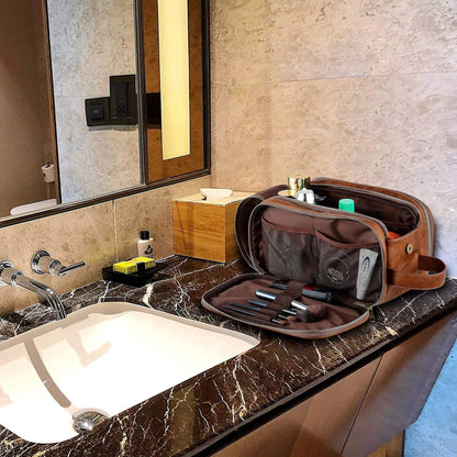 Elviros Water-Resistant PU Leather Toiletry Bag for Men Large Travel Wash Bag Shaving Dopp Kit Bathroom Gym Toiletries Makeup Organizer with Wet Dry Compartment (Brown)