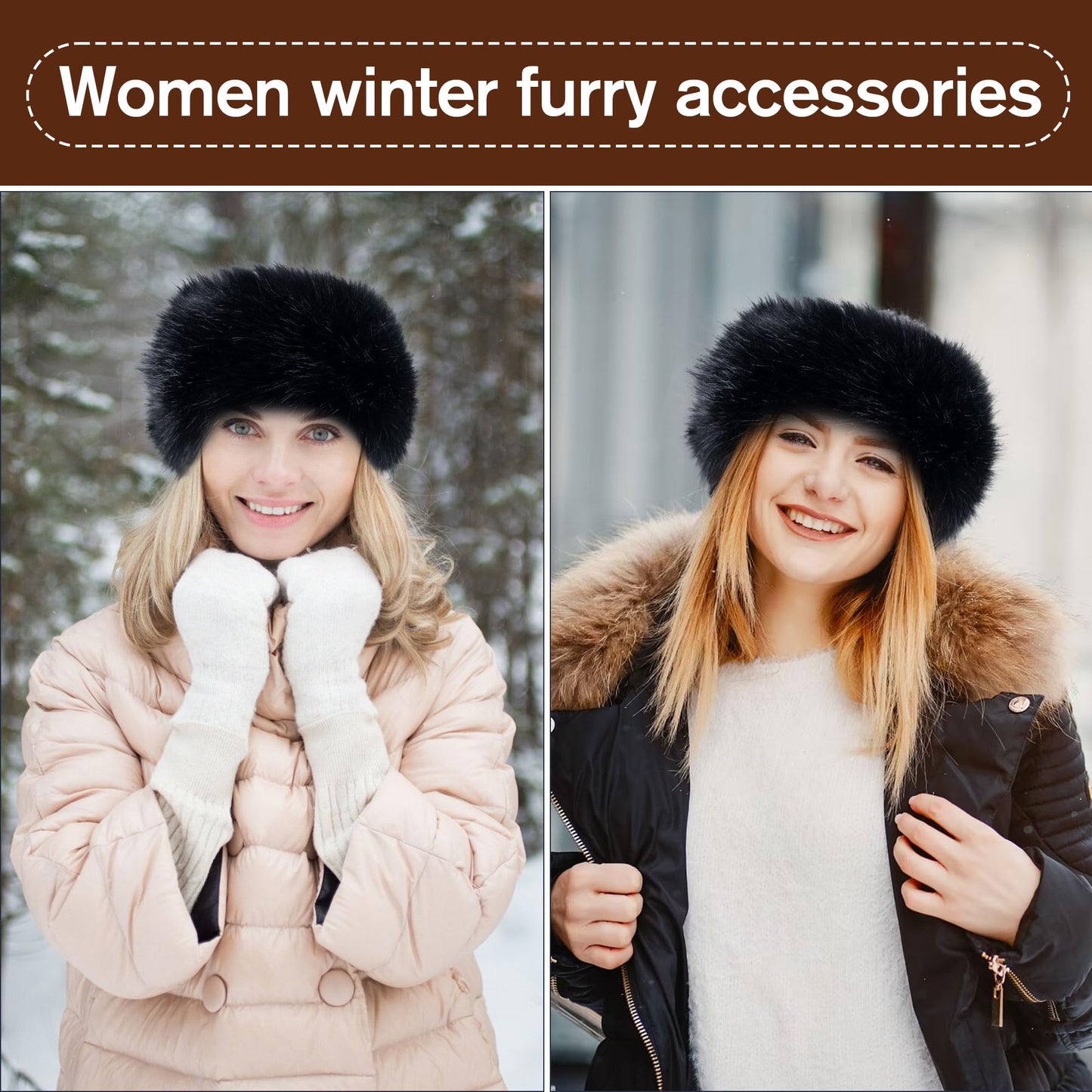 Dikoaina Womens Faux Fur Headband Winter Earwarmer Earmuff Ski, Black, One Size