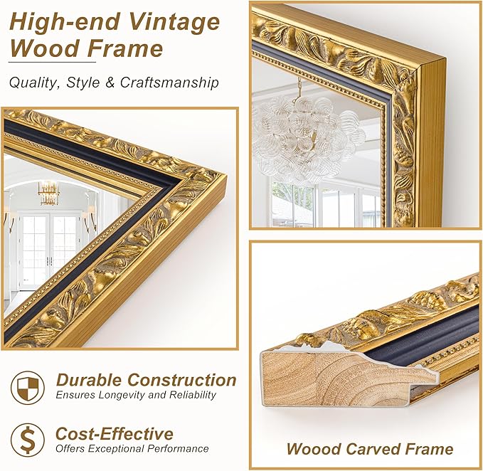 Vintage Black Gold Mirror, 40'' x 28'' Rectangular Antique Wall Mirrors with Ornate Wood Frame, Decorative Mirrors for Living Room, Bathroom, Bedroom, Entryway, Fireplace, Horizontal/Vertical