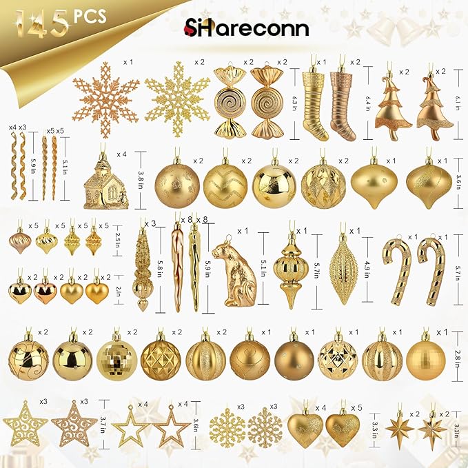 SHareconn 145pcs Christmas Balls Ornaments Set, Shatterproof Plastic Baubles Snowflakes, Stars and Tree Topper for Xmas Tree Holiday Wedding Party Decorations with Hanging Strings, Bronze Gold