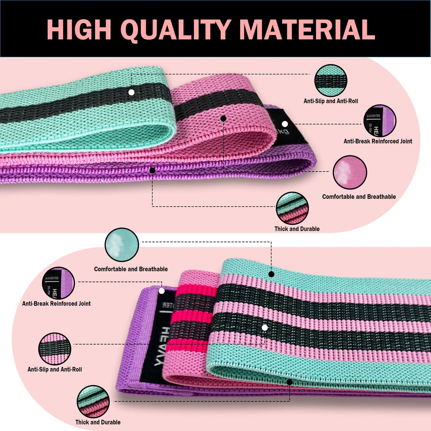 KANGFITER Large Fabric Resistance Bands for Working Out, Loop Exercise Bands for Booty Leg, Butt, Glutes, Stretch Workout Bands for Women & Men, Hip Elastic Bands for Home Gym Fitness, Yoga, Pilates