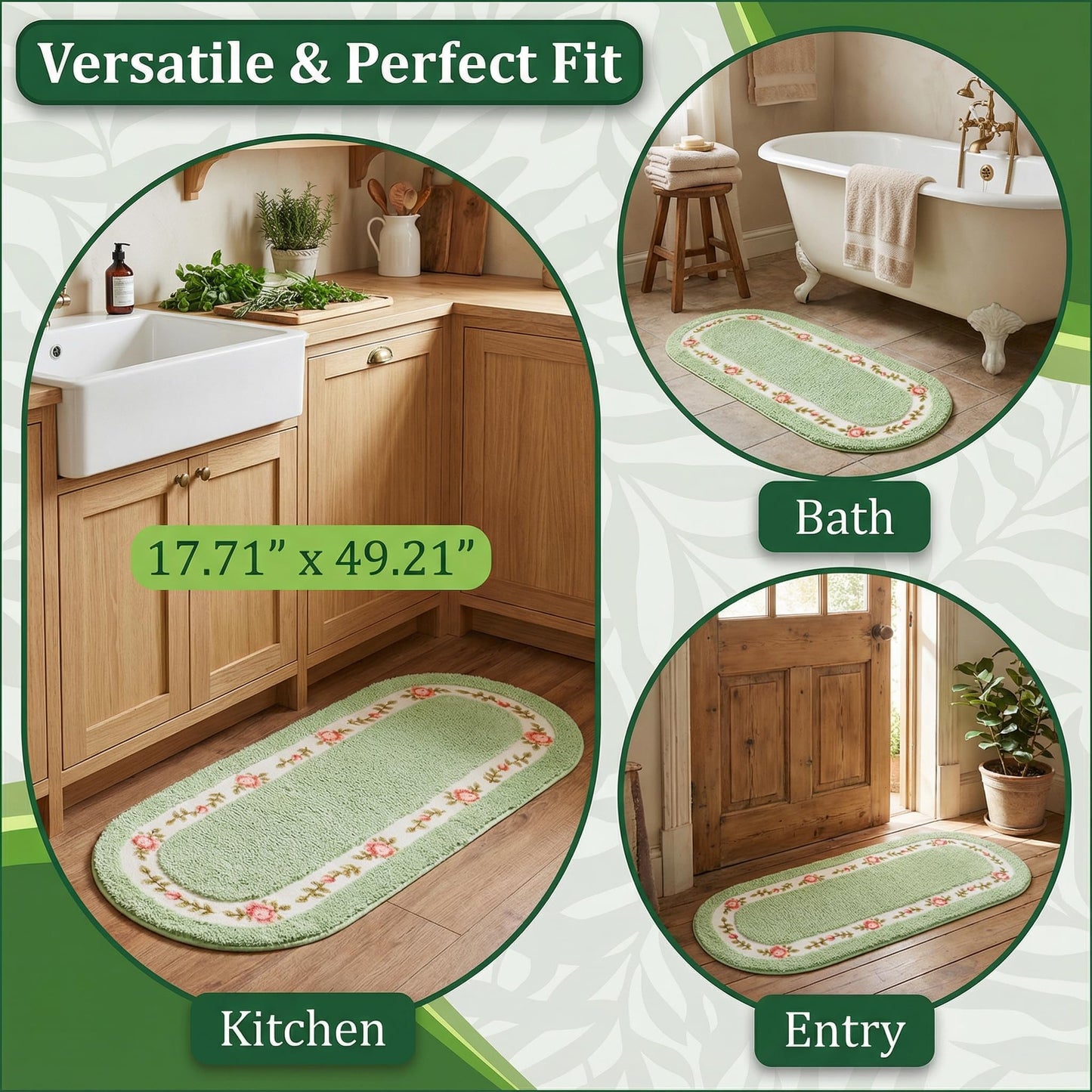 Stay Young Decorative Rose Flower Area Rug,Floral Bedroom Living Room Bathroom Kitchen Rugs Bath Mat,Romantic Fade-Resistant Rose Design,Super Soft and Non Slip,Green 17.71 x 49.21 Inch