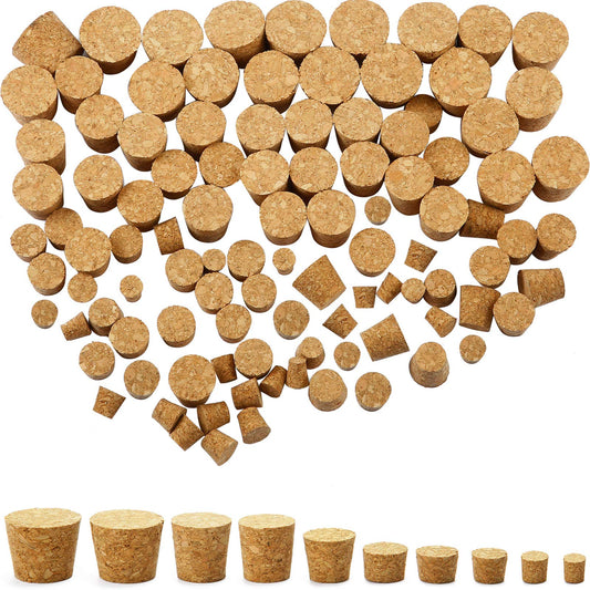 Jetec 100 Pack Assorted Cork Stoppers Wine Bottle Corks Plugs 10 Sizes Replacement Tapered Wooden Wine Stoppers for Apothecary Jar Small Bottle DIY Projects