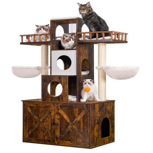 Heybly Cat Tree with Litter Box Enclosure for Indoor Big Cat, Cat Tower for Large Cats 20lbs Heavy Duty, Modern Cat Condo Furniture with Scratching Posts, Rustic Brown HCT110SR