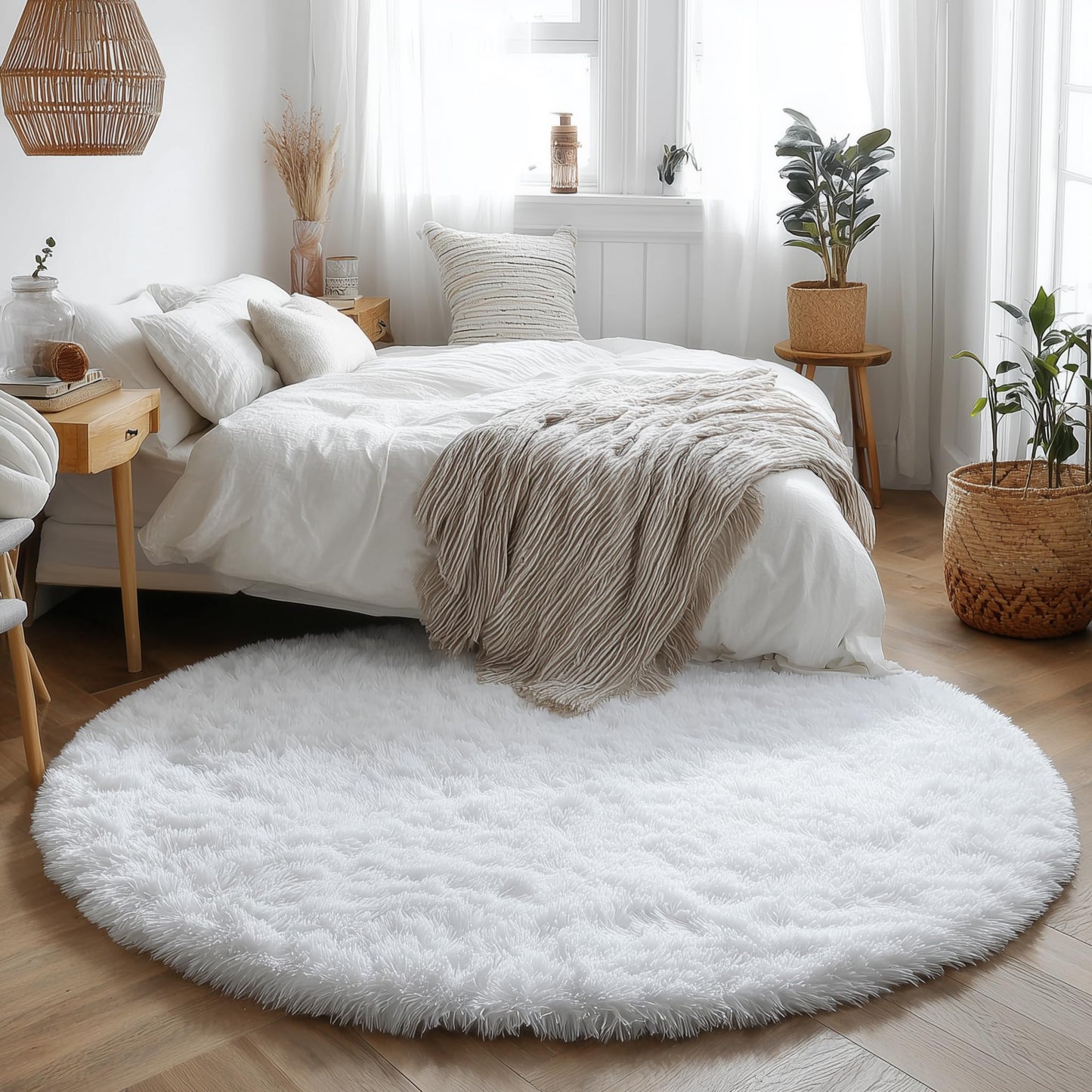 Amdrebio White Fluffy Round Rug 4Ft for Bedroom Aesthetic, Fuzzy Fur Circle Area Rugs for Living Room, Soft Plush Shaggy Shag Carpet for Nursery Dorm, Cute Kids Room Decor for Baby Toddler Teen Girls