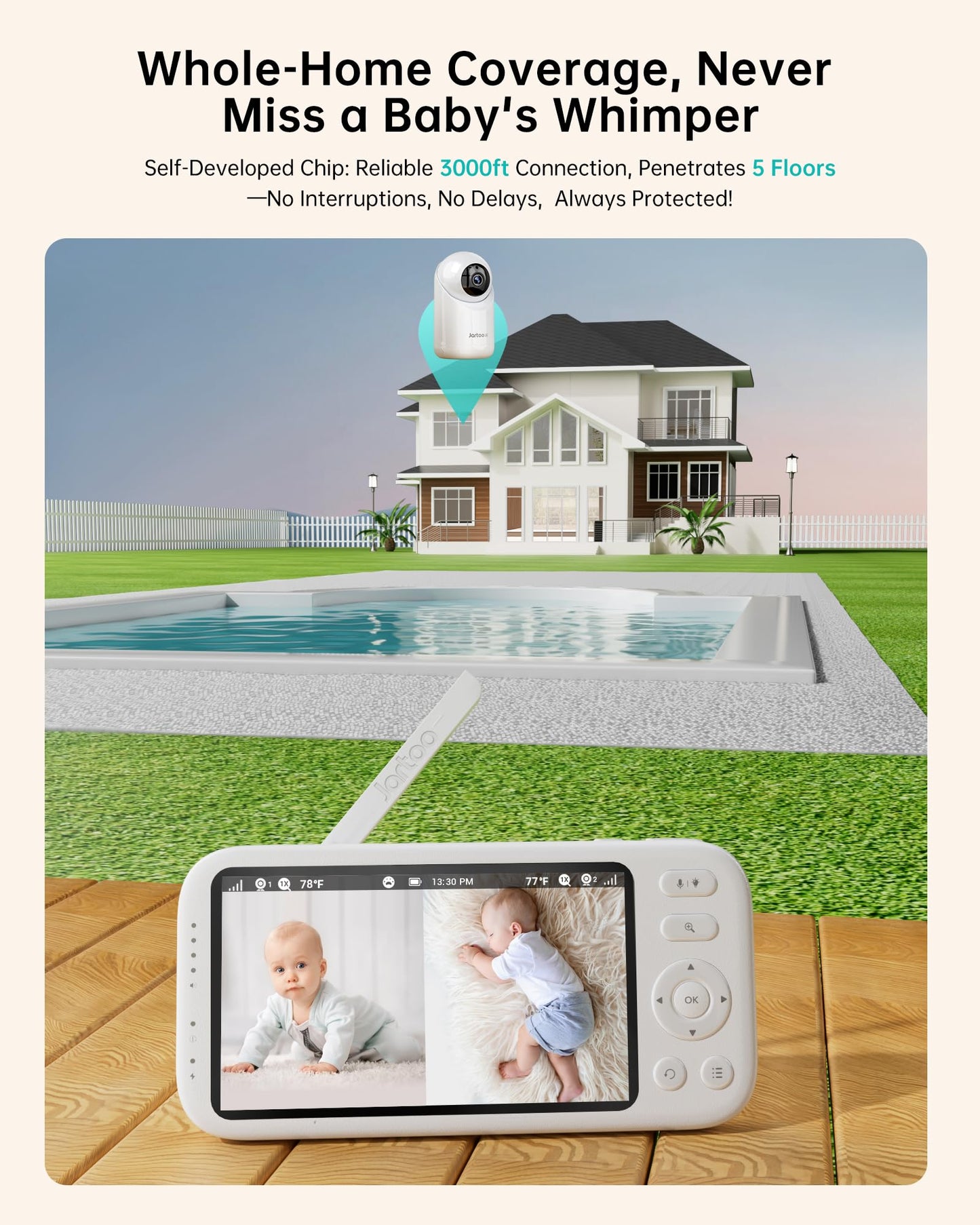 Jartoo 2K Video Baby Monitor with Camera and Audio, 3000ft Long Range Baby Monitor No WiFi 5.5" FHD Screen ANC Baby Camera Wireless, Feeding Clock, Night Vision, 2-Way Talk, AI Cry Detect, 6000mAh