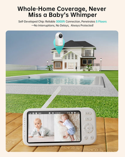 Jartoo 2K Video Baby Monitor with Camera and Audio, 3000ft Long Range Baby Monitor No WiFi 5.5" FHD Screen ANC Baby Camera Wireless, Feeding Clock, Night Vision, 2-Way Talk, AI Cry Detect, 6000mAh