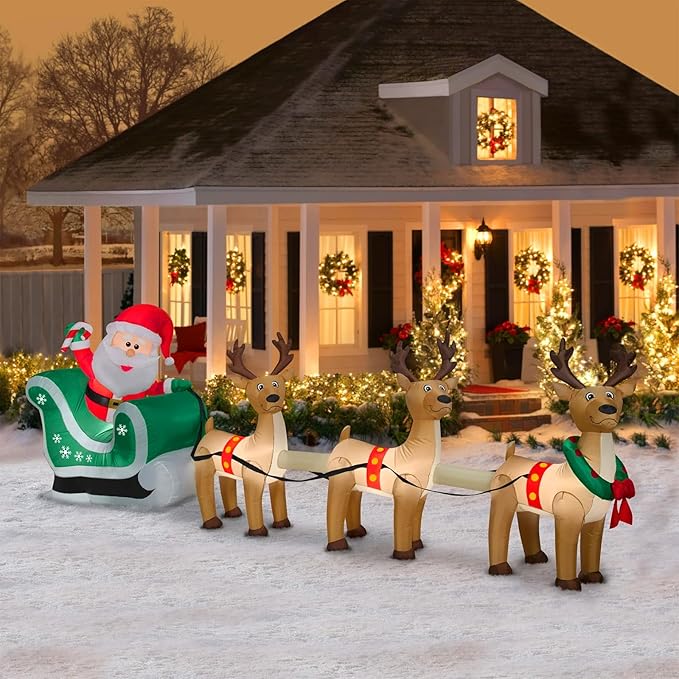 12 FT Christmas Inflatables Santa Sleigh with 3 Reindeer Decorations, Christmas Blow up Santa and Reindeer Inflatable Built-in 8 LEDs for Christmas Inflatable Outdoor Decoration Xmas Party