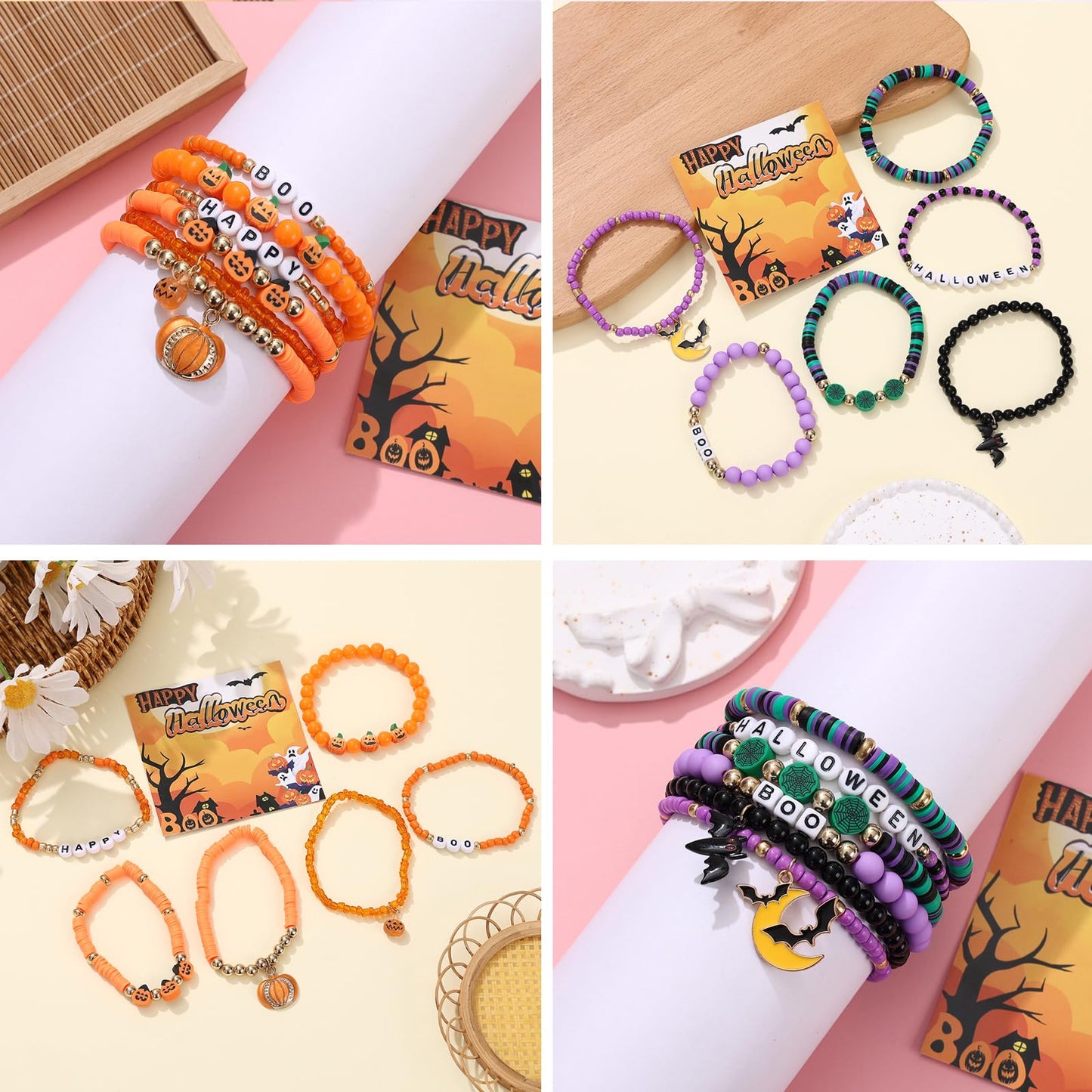36Pcs Halloween Bracelets for Women Halloween Beads for Bracelets Set Stackable Bracelet Halloween Jewelry Pumpkin Spider Ghost Charms Bracelets BOO Happy Halloween Stretch Bracelets Set Holiday Gift