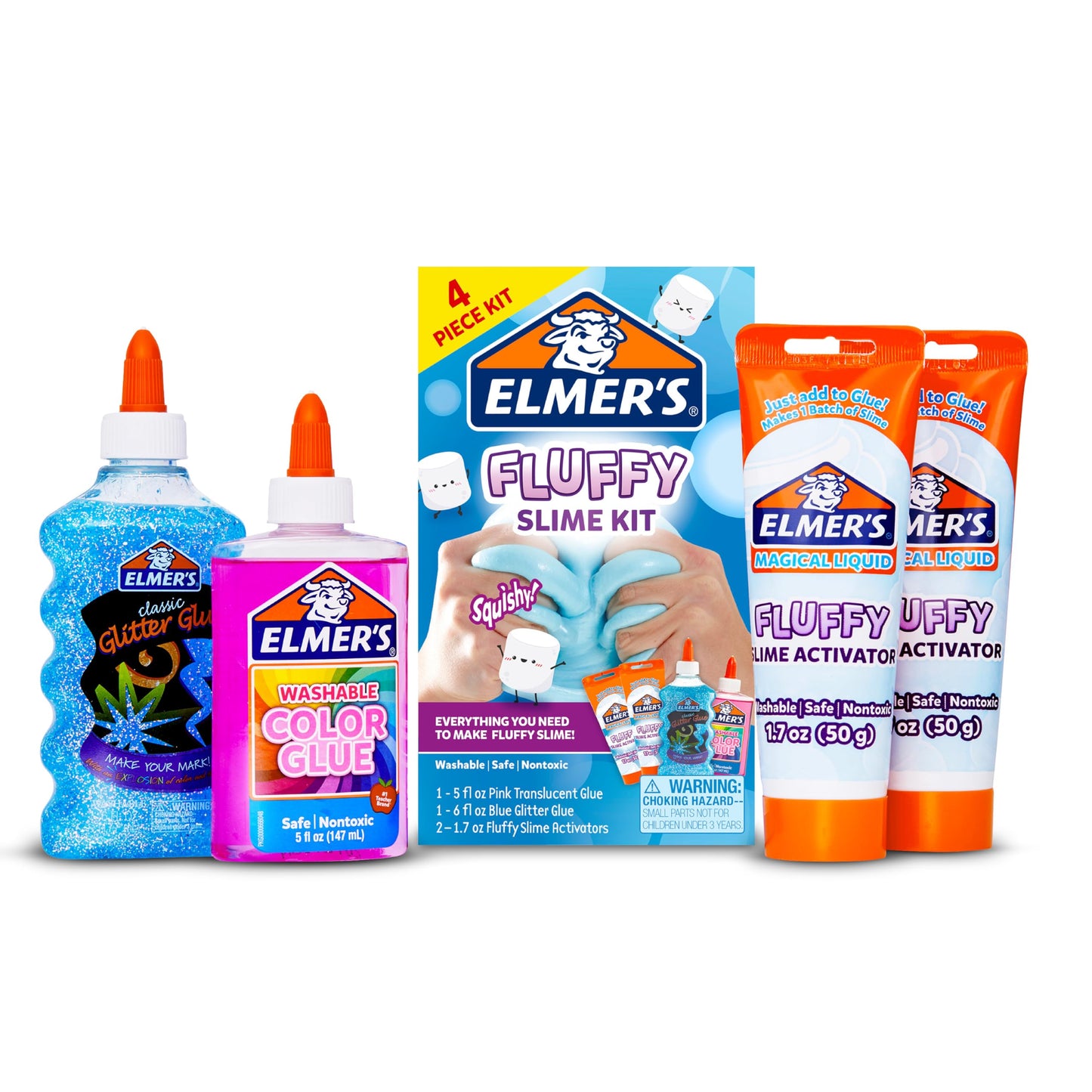 Elmer’s Fluffy Slime Kit, Includes Translucent Color Glue, Glitter Glue, Fluffy Slime Activator, 4 Count - Perfect for Parties, Gift, Activity Time
