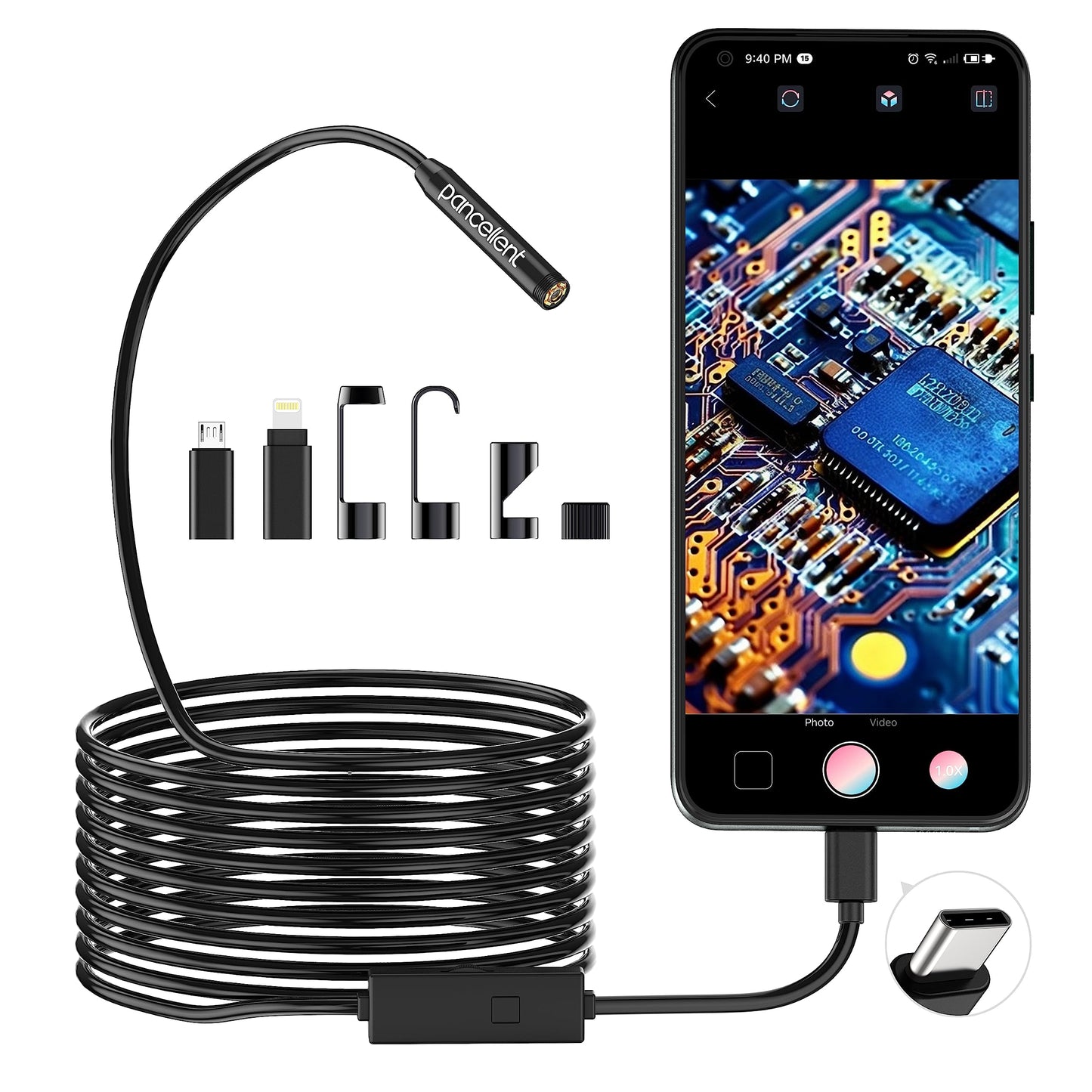 1920P Snake Inspection Borescope, Pancellent Type C Endoscope, Scope Camera with 8 LED Lights for Android and iOS Smartphone, iPhone, iPad, Samsung (16.5 FT/5M)