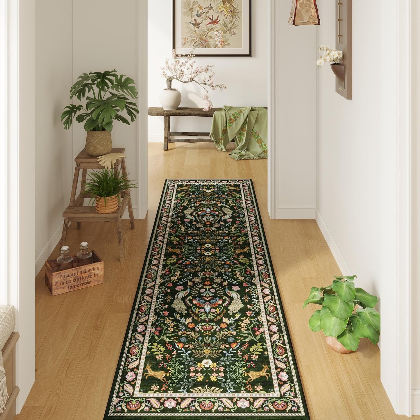 Runner Rug Washable Kitchen Runner 2'6''x8' Rug for Entryway Indoor Floral Non-Slip Soft Carpet for Hallways, Kitchen, Laundry, Bedroom, Bathroom (Emerald Green)