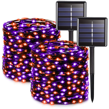 JMEXSUSS 2 Pack Solar Halloween Lights Outdoor Waterproof, Total 66FT 200 LED Orange and Purple Halloween Lights, 8 Mode Black Wire Solar Fairy String Light for Outside Yard Spooky Party Decorations
