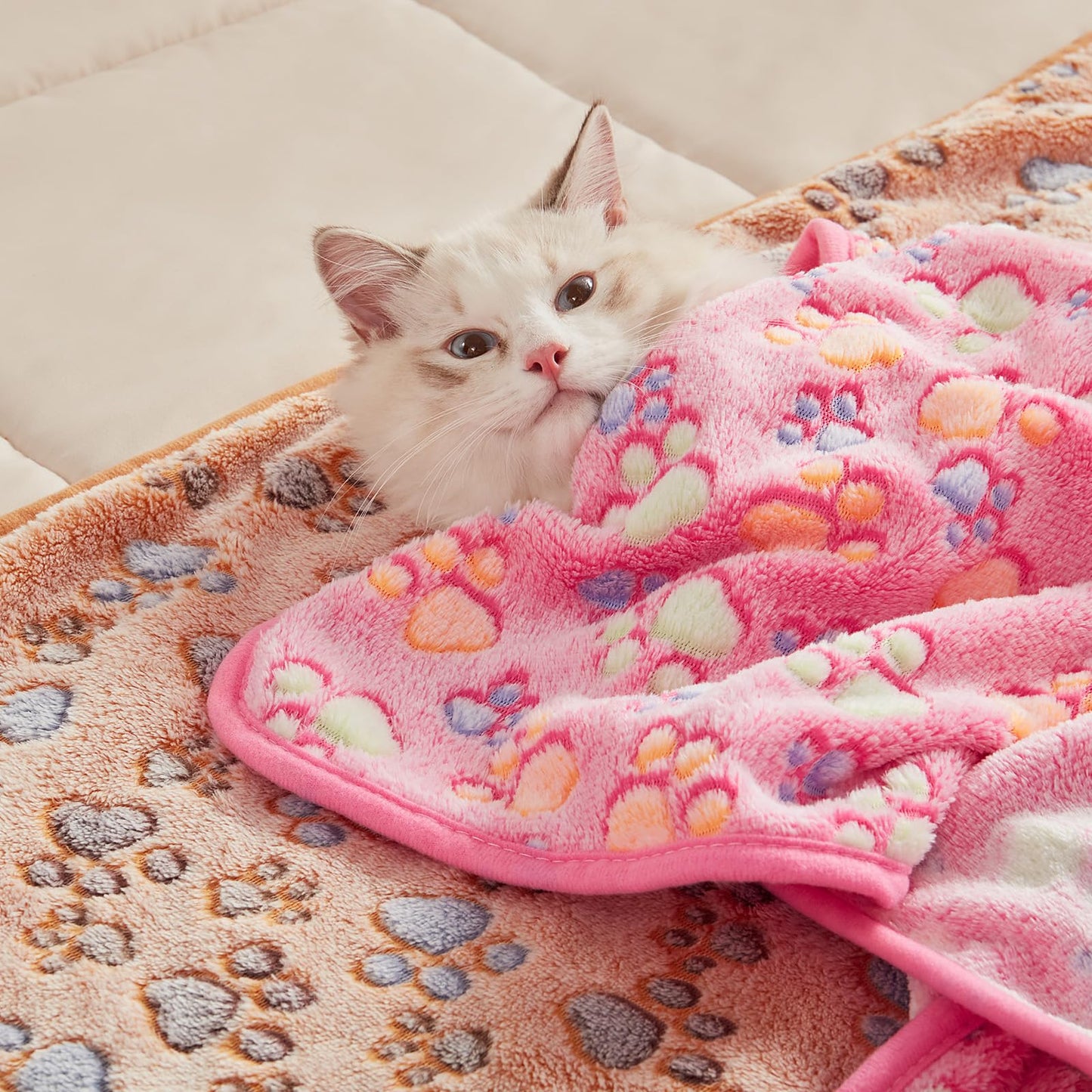 1 Pack 3 Blankets Super Soft Fluffy Premium Fleece Pet Blanket Flannel Throw for Dog Puppy Cat Paw Brown/Pink/White Medium(30x20 inch)