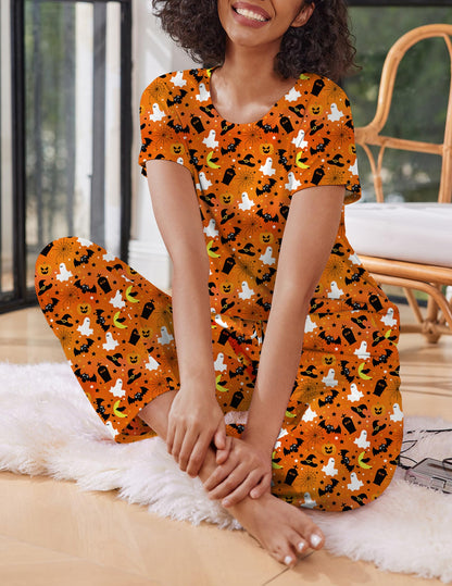 Ekouaer 2 Pack Pajamas for Women Set Short Sleeve Sleepwear Top and Pants Pjs Soft Printed Lounge Sets with Pockets Skull/Halloween XX-Large