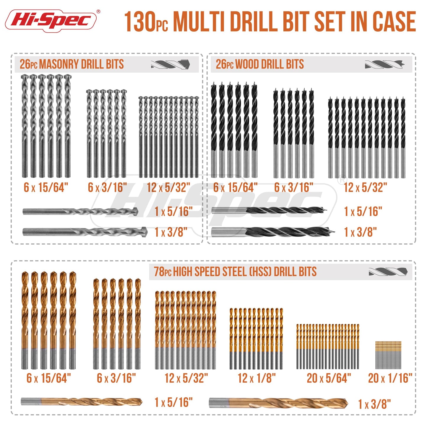 Hi-Spec 130pc Mixed Multi Drill Bit Set. 1 to 10mm HSS Titanium Coated, Masonry & Brad Point Steel Bits for Metal, Woods, Plastics, Brick and Concrete. Complete in a Box Case