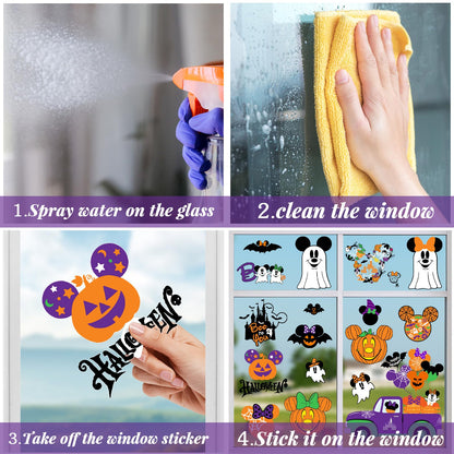 Mouse Themed Halloween Window Decals - 9 Sheets of Removable Pumpkin & Ghost Stickers for Glass Windows