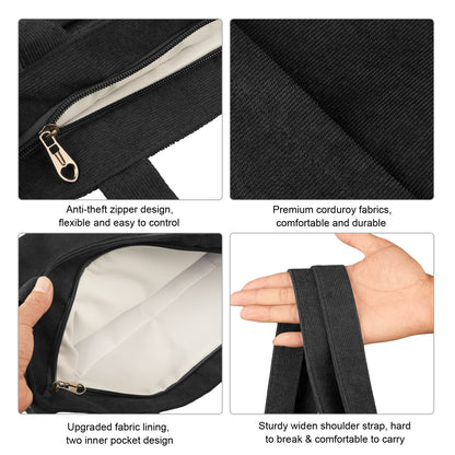Kememo Corduroy Tote Bag with Zip, Shoulder Bag Women's Hobos Handbags Large Capacity Shopping Bag with Inner Pocket, Black