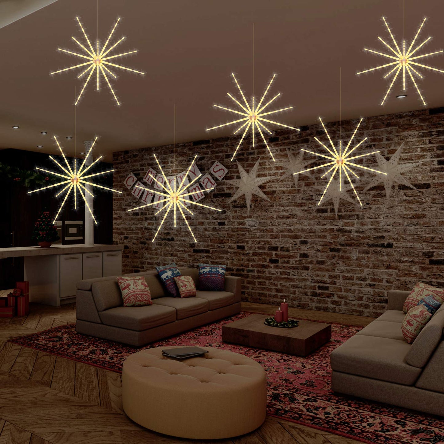 Tiandirenhe Hanging Starburst Light,112 LED Firework Fairy Starburst String Lights Hanging Star Lights with Remote, 8 Lighting Modes Operated, Starry Light for Garden Party Christmas (Warm White)