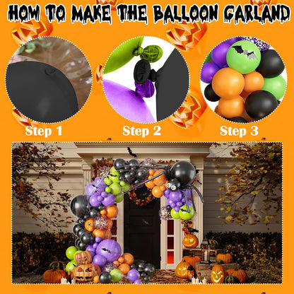 Halloween Balloon Garland Arch Kit with Big Spider DIY Balloons, 131 Pcs Black Orange Lime Green Purple Confetti Latex Balloons Arch with 3D Bats & Spider Web for Halloween Party Decorations Supplies
