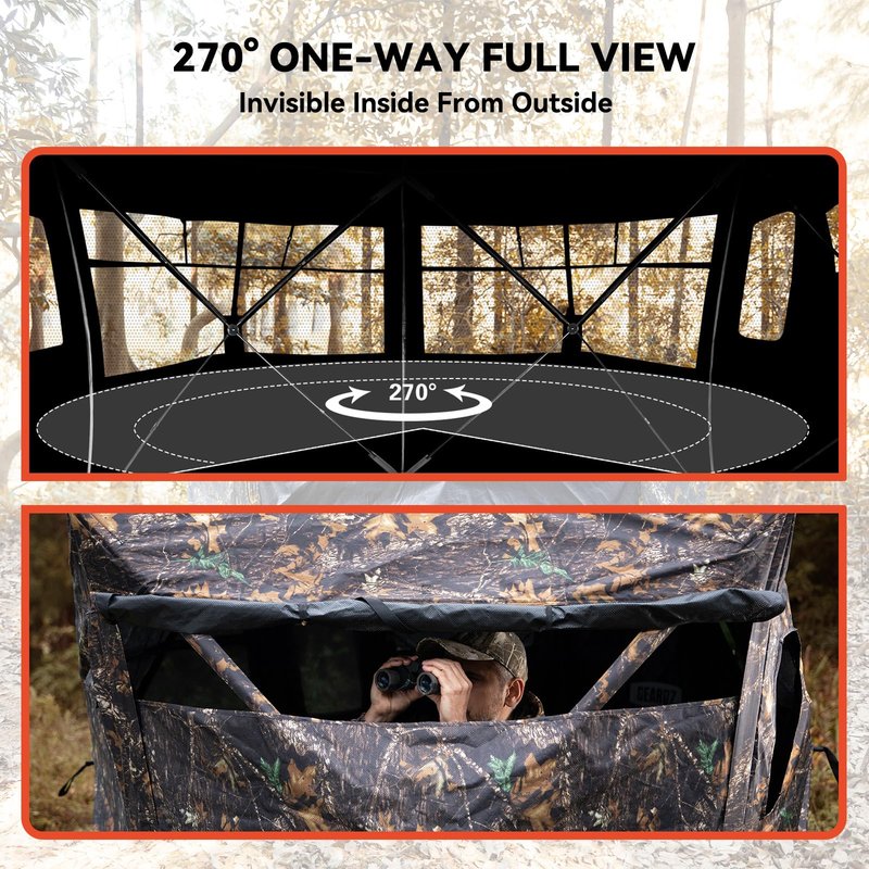 GearOZ Hunting Blind, 270° See Through Ground Blinds Camouflage Waterproof Pop-up Tent for Deer Turkey Duck Bow Hunting, 2-3 Person Portable Concealed Tent Silent Adjustable Windows with Carrying Bag