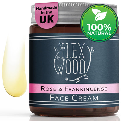 The Ilex Wood - Rose and Frankincense Face Cream - 100% Natural Handcrafted, Vegan, Moisturising, Anti Ageing, Wrinkle and Line Reducing Ingredients, Cruelty-Free, Palm Oil Free, Plastic Free - 60ml