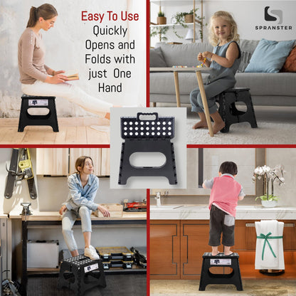 Spranster Super Strong Folding Step Stool - 11" - Sturdy Enough to Hold 300 Lb - Lightweight Foldable Step Stool for Adults and Kids - Opens with one Flip - Great for Kitchen, Bathroom and Bedroom
