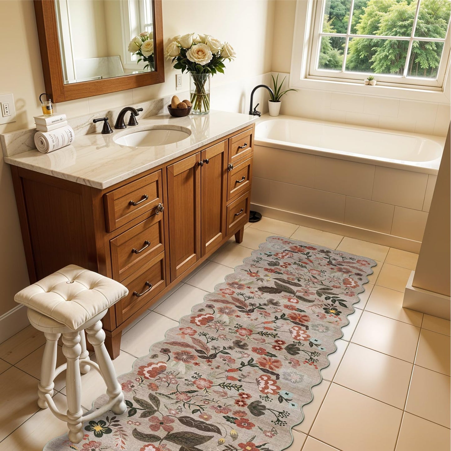 2x8 ft Non-Slip Washable Hallway Runner Rug – Boho Vintage Floral Carpet Runner for Kitchen, Bathroom, Bedroom & Entryway – Low-Pile Thin Soft Rug with Scalloped Edge (Beige Brown, 2x8)