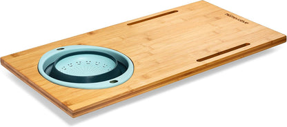 Homevative Over the Sink Bamboo Cutting Board with Collapsible/Removable Strainer and Phone Slots