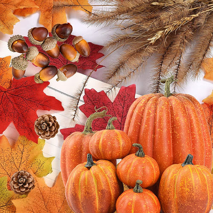 DOJoykey Autumn Decoration Set, Large Size Artificial Pumpkin, Maple Leaves, Pine Cones, Acorns for Autumn Wreath Using, Fall Home Table Thanksgiving Day Halloween Party Decoration