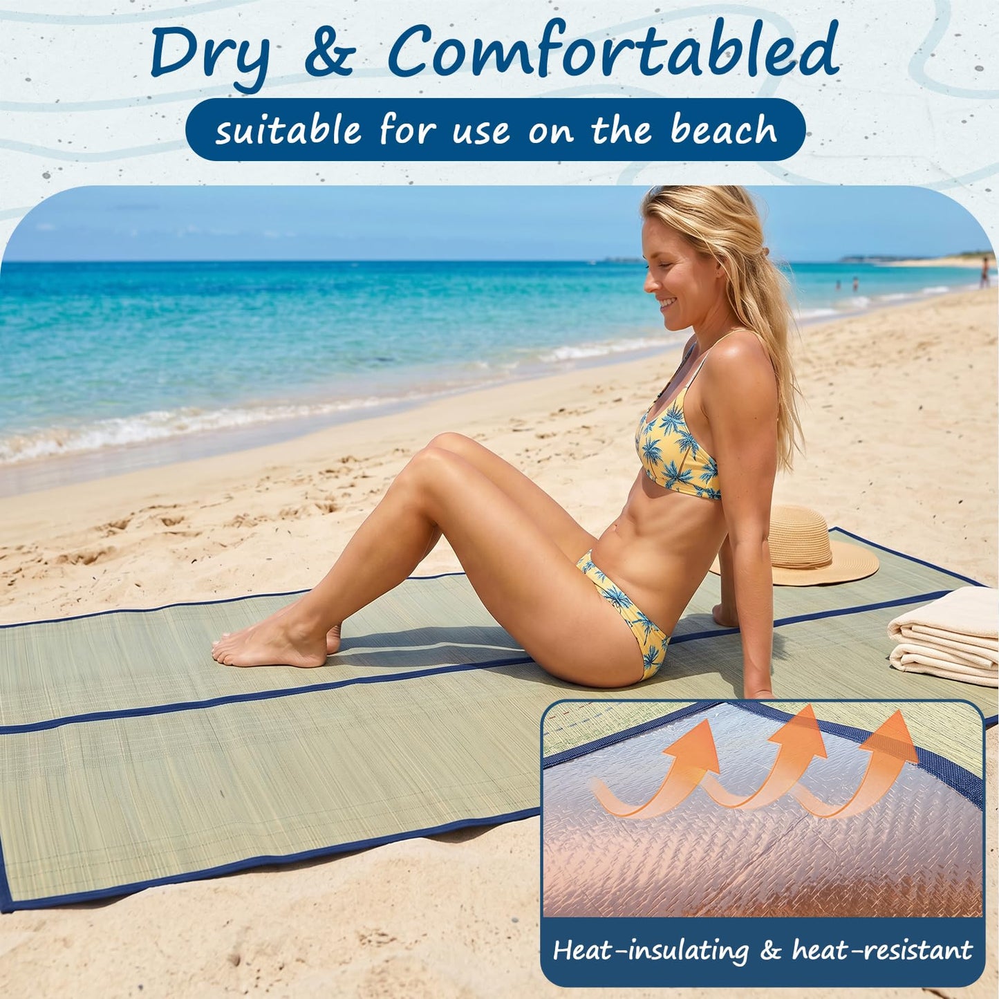 UCandy 4 Packs Natural Straw Beach Mat, 31.5" x 70" Waterproof Foldable Lightweight Picnic Mat with Trim for Camping Sunbathing Floor Yoga Outdoor Activities