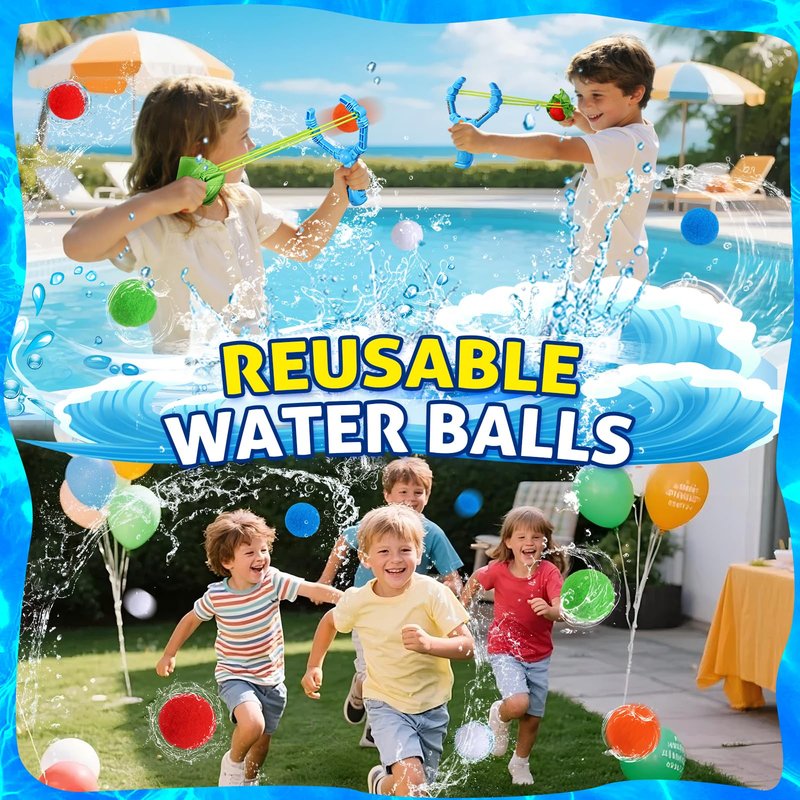 Reusable Water Balloons Set For Kids, 2 PCS Slingshot Launcher With 25 PCS Soft Balls, Outdoor Summer Water Toys For Pool Beach Backyard Water Game Fun, Birthday Party Gift For Boys Girls