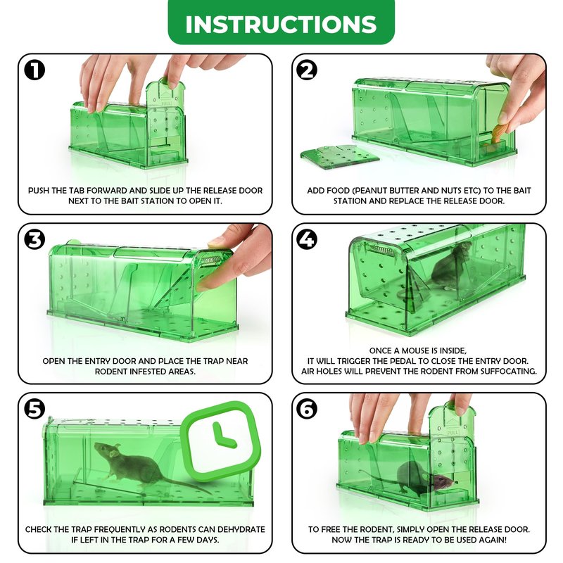 Humane Mouse Trap Pack of 4 - No Kill - Live Mouse Traps Indoor for Home Use - Reusable Rodent Traps for House Indoor, Safe & Effective Rat Trap Outdoor - Humane Mice Control with Cleaning Brush