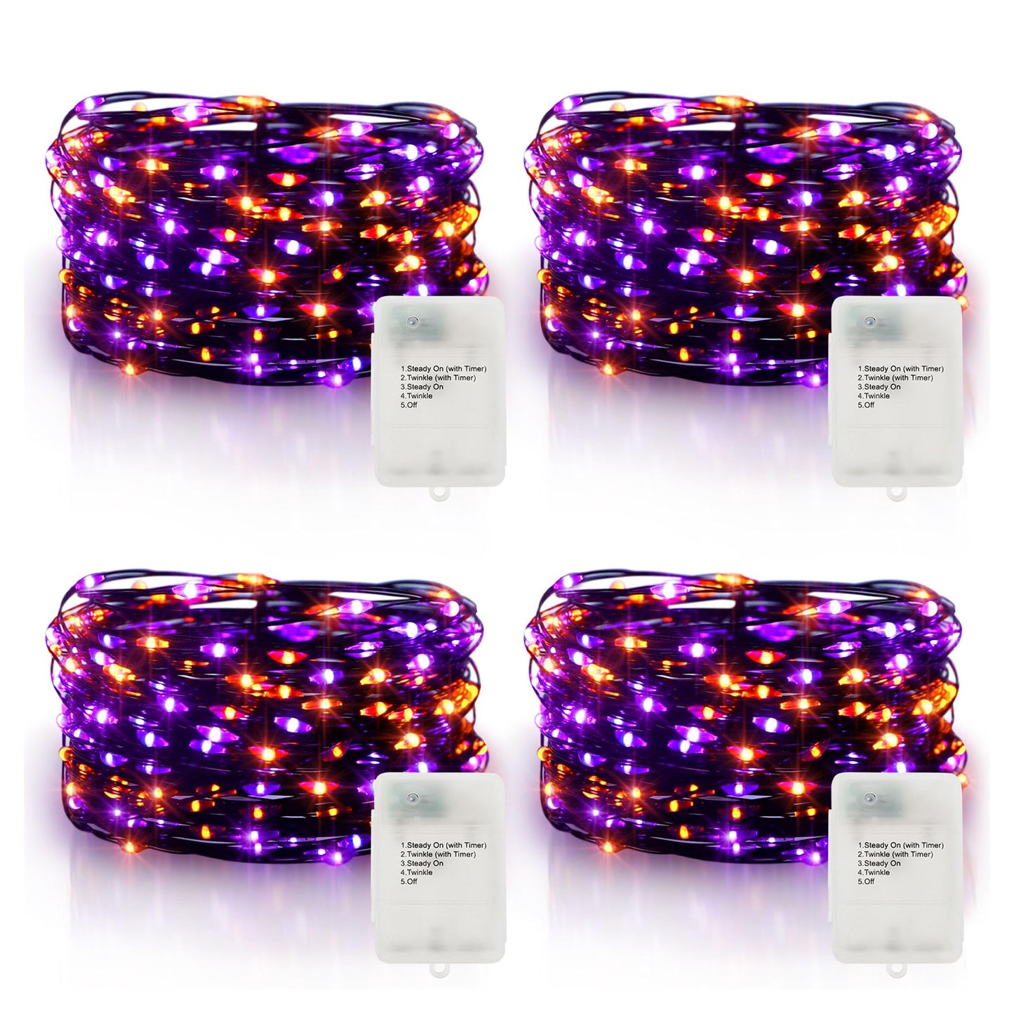 Purple Orange Halloween Timer Fairy Lights Battery Operated 4 Pack 16.4Ft 50 LED Black Wire Twinkle Lights with Timer 5 Modes for Halloween Indoor Outdoor Party Decoration