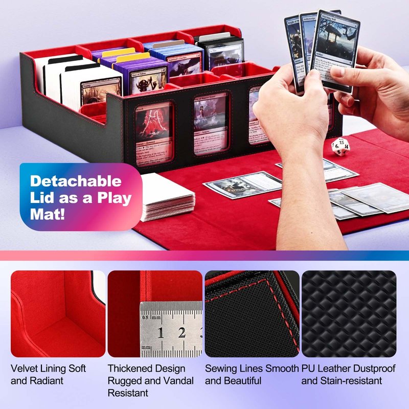 UAONO Trading Card Storage Box with Commander Display; 2400+ Deck Box for MTG with Removable Cover; Top Loaders Card Case fits Magic TCG PTCG Sports Cards; 24 Dividers, 4 Stoppers (Black, Red)