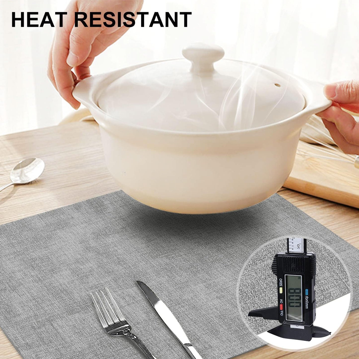 homing Faux Leather Heat Resistant Placemats Set of 6 – Waterproof Wipeable Dining PU Place Mats for Indoor & Outdoor, Easy to Clean - Light Grey