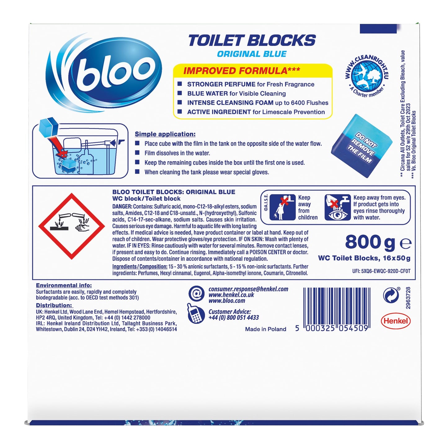 Bloo Toilet Block Original Blue, Coloured Water In Tank Blocks, Letterbox Sized Recyclable Box,16 x Cleaning blocks 800g
