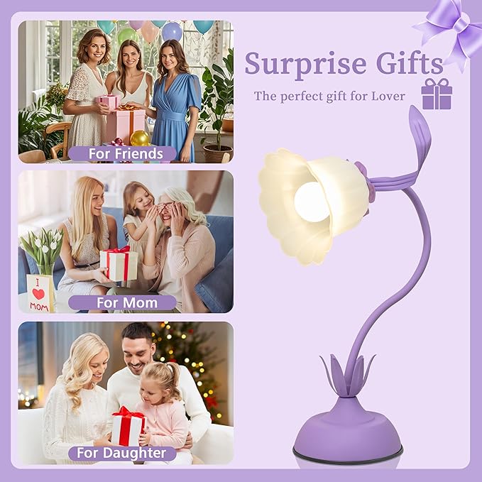 Vintage Flower Table Lamp, 3 Color Temperature Flexible Gooseneck Cute Small Desk Lamp for Bedroom, Kawaii Nightstand Bedside Lamps for Living Room, Dorm, Office, Home Decor (Purple)