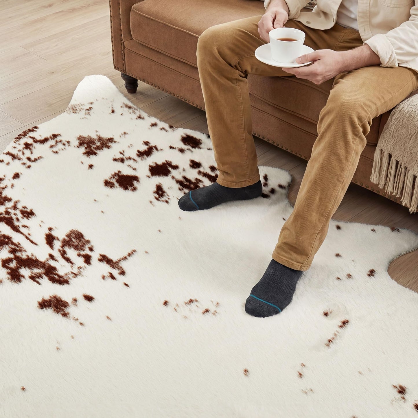 JONIYEAR Large Durable Faux Cowhide Area Rug 4.9 x 6.56 Feet, Premium Cow Print Rug for Living Room Bedroom, Durable Faux Fur Animal Cow Hide Carpet for Western Farmhouse Decor, Brown and White