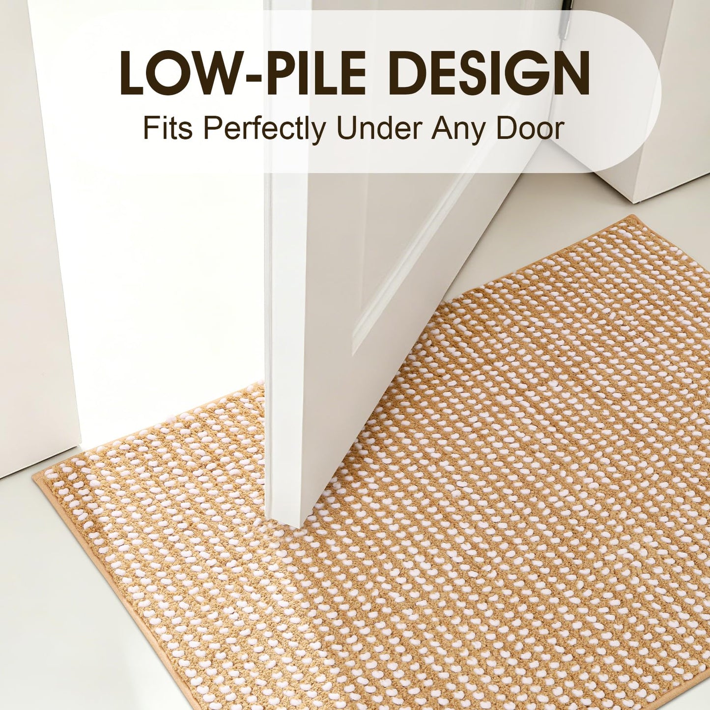 ACCUMTEK Chenille Spliced with Fluffy Cut Pile Absorbent Bath Mat, Thick Plush Bath Rug - Ultra Soft Skin-Friendly, Machine Washable Non-Slip Toilet Mat Set 3 Piece, Beige & White