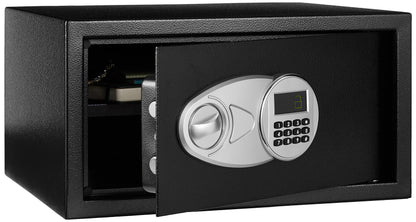 Amazon Basics Steel Security Safe and Lock Box with Programmable Electronic Keypad, for Valuables, Cash, Jewelry, Documents, Black, 1 Cubic Foot, 16.9-x-14.6-x-9.1-inches (WxDxH)