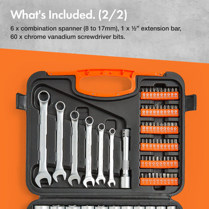 VonHaus 104-Piece Socket Wrench Tool Set with Extension Bar, Coupler, Ratchet, and Spanners, Screwdriver Bits and Carry Case