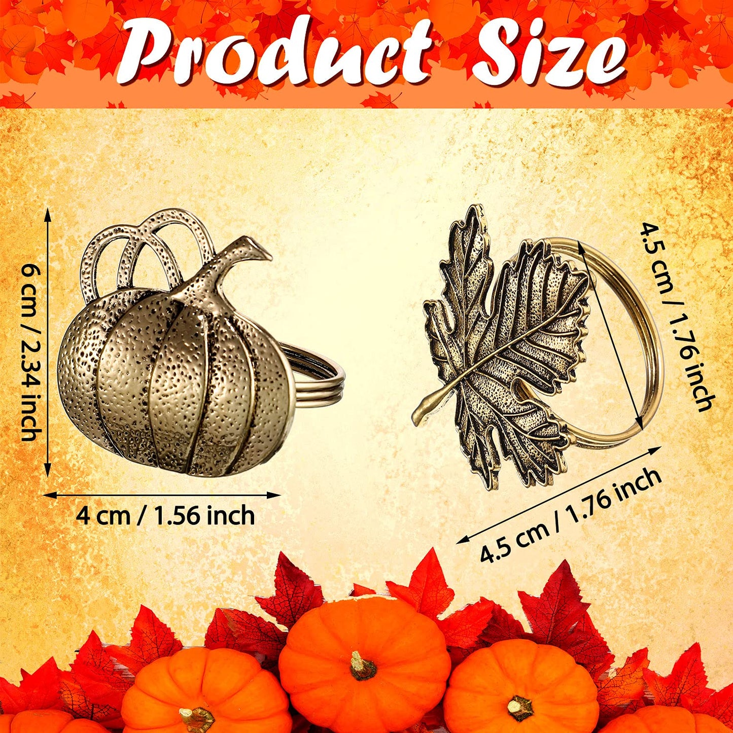 Patelai 12 Pieces Thanksgiving Napkin Ring Set Pumpkin Maple Leaf Fall Leaf Rings Halloween Napkin Holders Ring Kit for Thanksgiving Halloween (Maple and Pumpkin,Bronze)