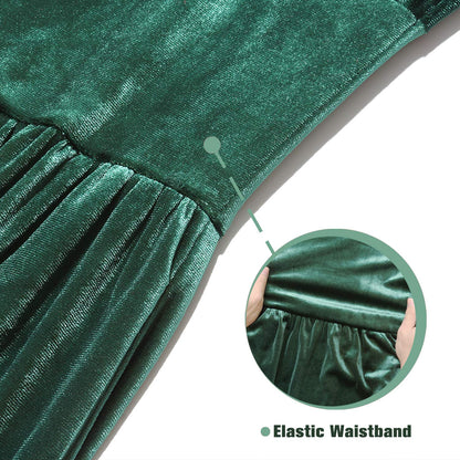 GAZIAR Girls Maxi Velvet Dress with Pockets Long Sleeve Casual Dress Party Dress for Evening Gown Christmas Wedding Holiday Green Large