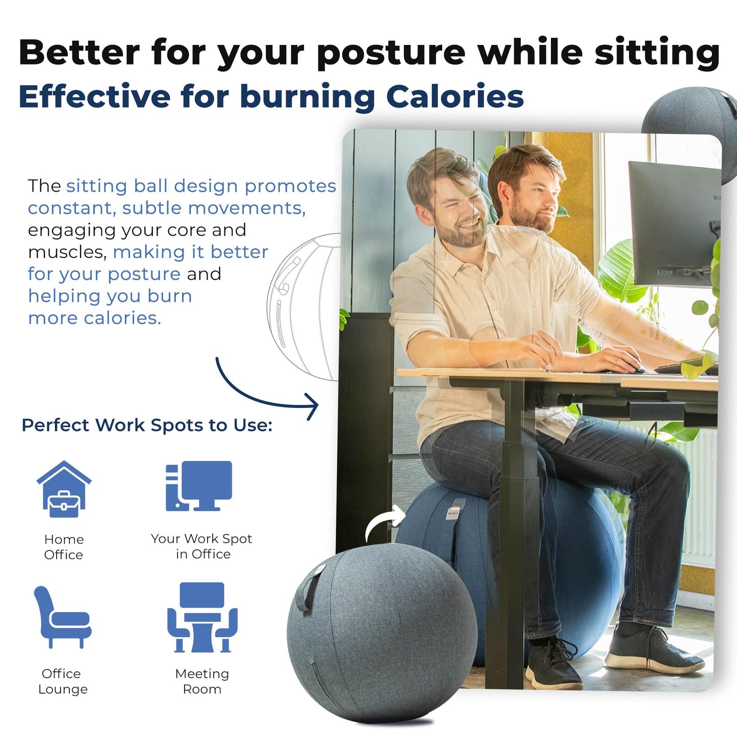 Backerz Balance Ball Chair for Office & Home - Ergonomic Exercise Ball for Posture & Back Pain Relief, Yoga Ball Chair - Sitting Ball with Washable Linen Cover