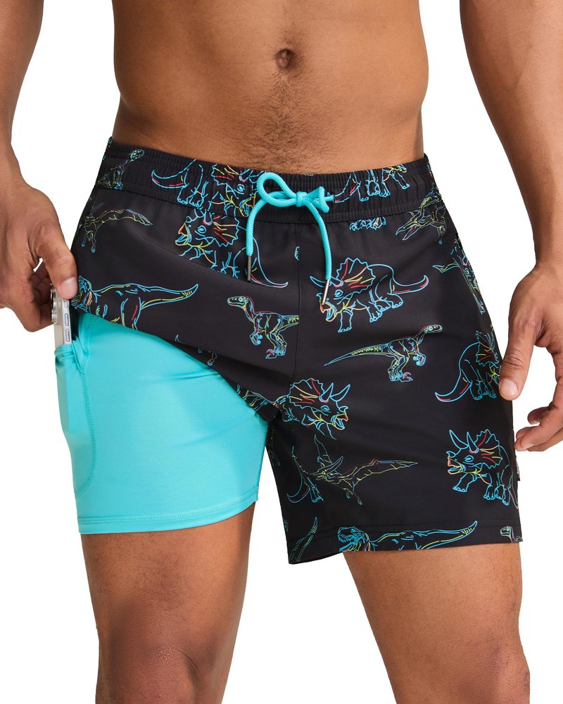 maamgic Mens Swim Trunks with Compression Liner 5 Inch, Quick Dry Bathing Suit with Zipper Pockets, Stretch No-Chafing Swim Shorts, Black-Colorful Dinosaur Small