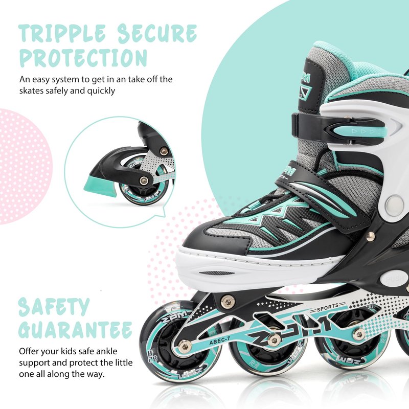 2PM SPORTS Cytia Pink Girls Adjustable Illuminating Inline Skates with Light up Wheels, Fun Flashing Beginner Roller Skates for Kids (Mint, Medium - Big Kid (13C-3 US))