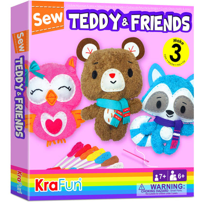 KRAFUN Sewing Kit for Kids Ages 7-12, Beginner Art & Craft Set with 3 Stuffed Animal Dolls (Teddy, Raccoon, Owl), Plush Felt Materials, Embroidery Supplies, and Instructions for Learning to Sew