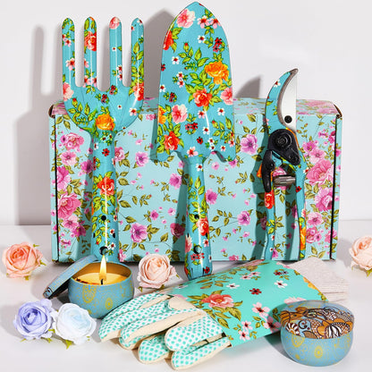 Gardening Gifts For Women, TOYPOPOR 6Pcs Garden Tools Set with Floral Print, included Trowel Fork Scissors 2 Candles and Gloves, Mother's day Birthday Gifts for Mum for Ladies Gardener
