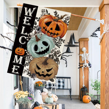 Baccessor Halloween House Flag 28 x 40 Inch Double Sided,Spooky Pumpkin Welcome Ghost Burlap Large Garden Flag Farmhouse Holiday Porch Patio Outdoor Outside Decoration